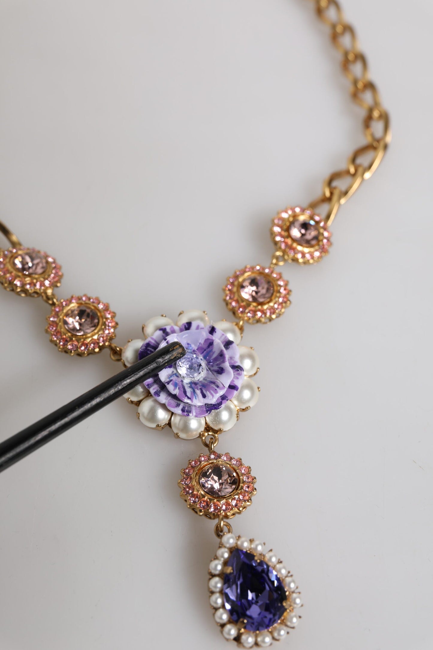 Dolce & Gabbana Gold Brass Floral Crystals Pearl Embellished Necklace