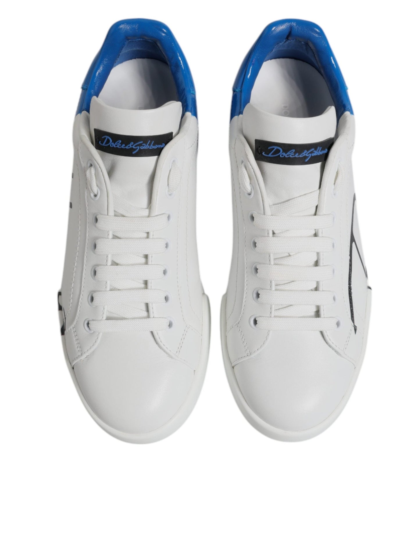 Dolce & Gabbana White Blue Leather Logo Low Top Sneakers Shoes