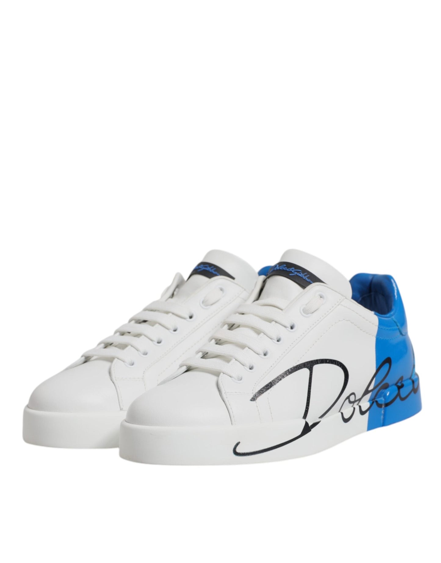Dolce & Gabbana White Blue Leather Logo Low Top Sneakers Shoes
