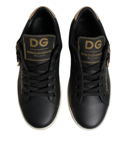 Dolce & Gabbana Black Leather Gold Red Heart Sneakers Shoes