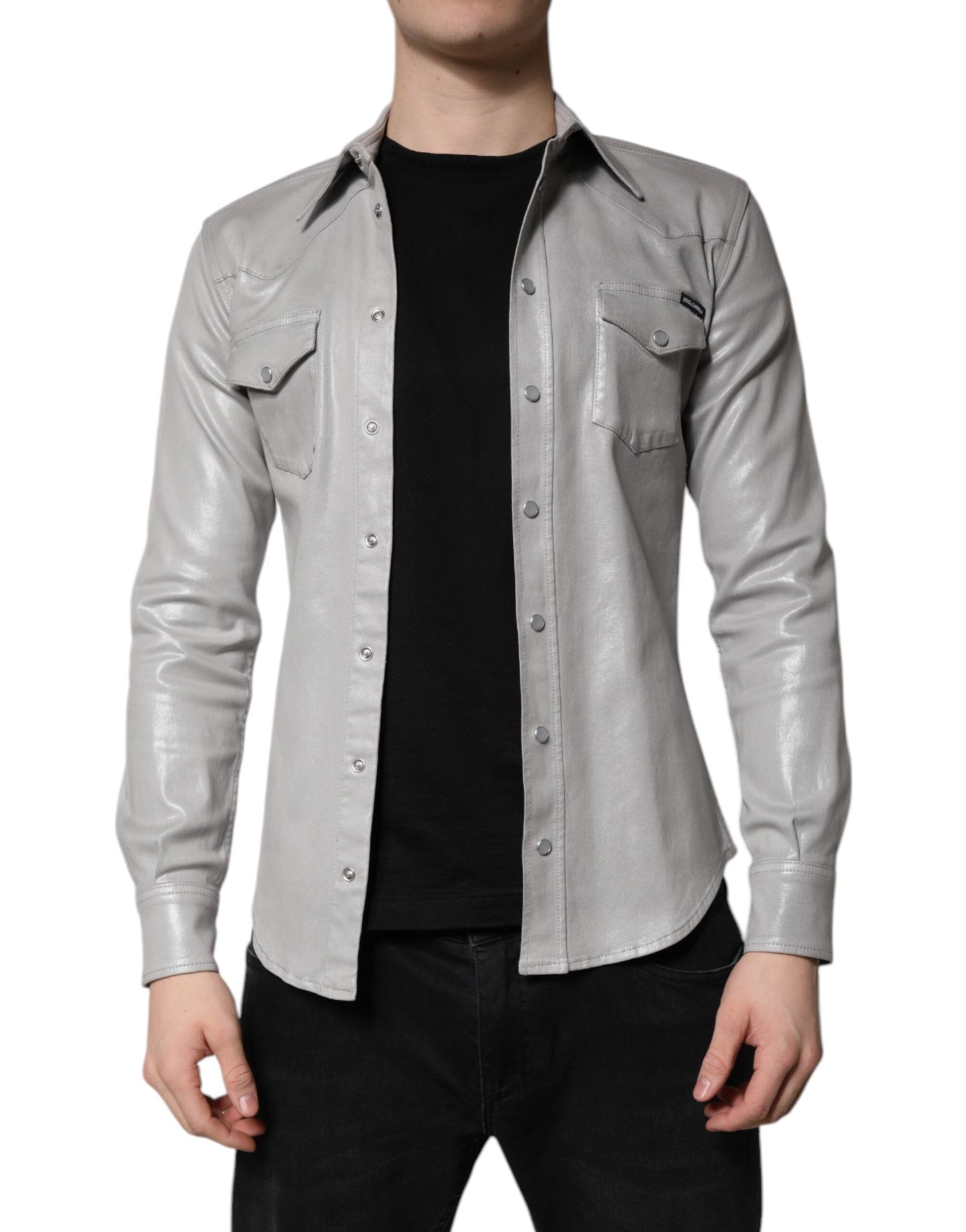 Dolce & Gabbana Metallic Gray Cotton Button Down Shirt
