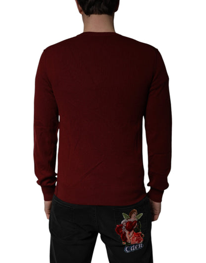 Dolce & Gabbana Maroon Cashmere V-neck Men Pullover Sweater
