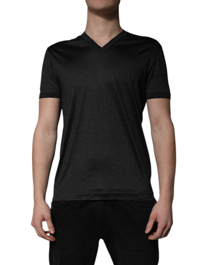 Dolce & Gabbana Dark Gray Silk V-neck Short Sleeves T-shirt