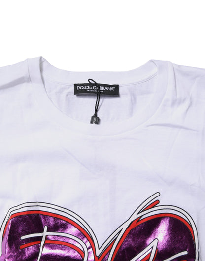 Dolce & Gabbana White Printed Cotton Round Neck Top T-shirt