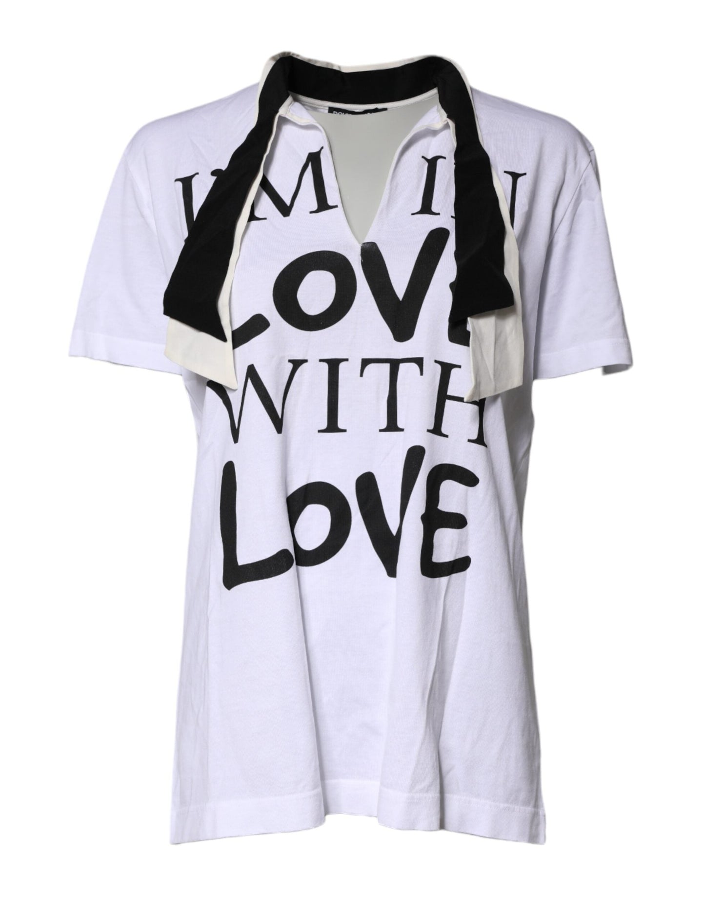 Dolce & Gabbana White Cotton Silk Blend Ascot Collar T-shirt