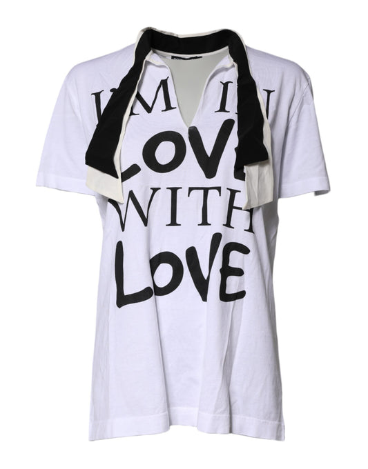 Dolce & Gabbana White Cotton Silk Blend Ascot Collar T-shirt