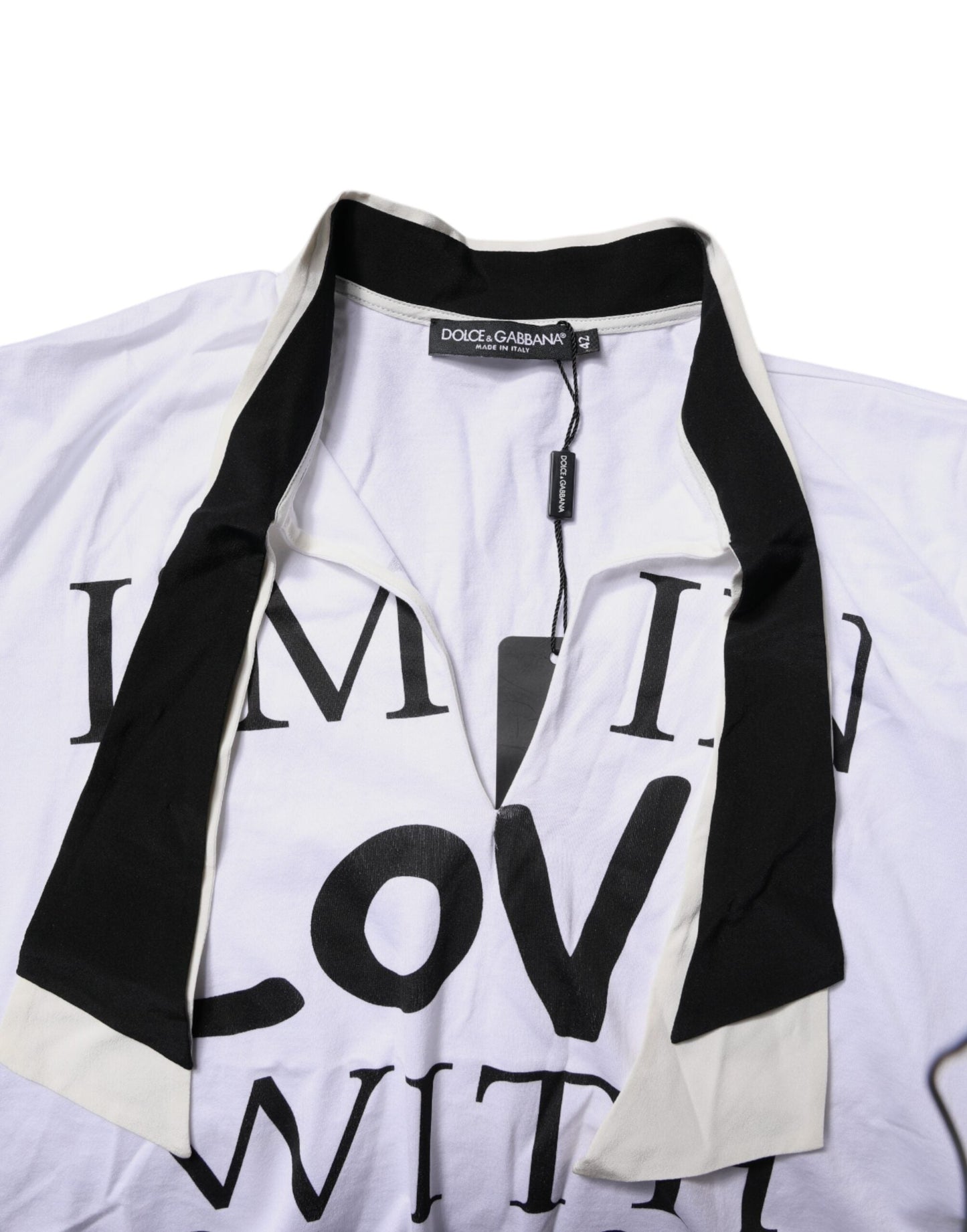 Dolce & Gabbana White Cotton Silk Blend Ascot Collar T-shirt