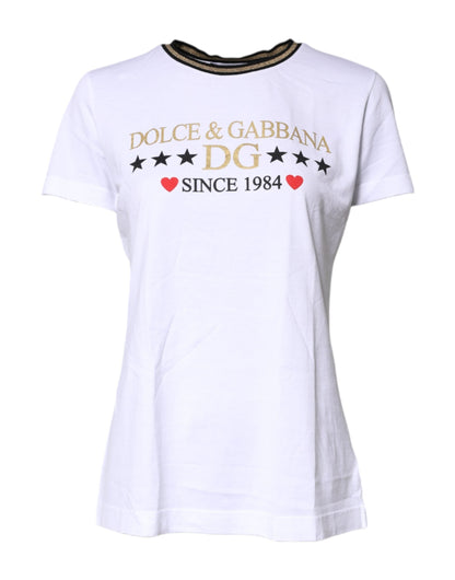 Dolce & Gabbana White Printed Round Neck Top Cotton T-shirt