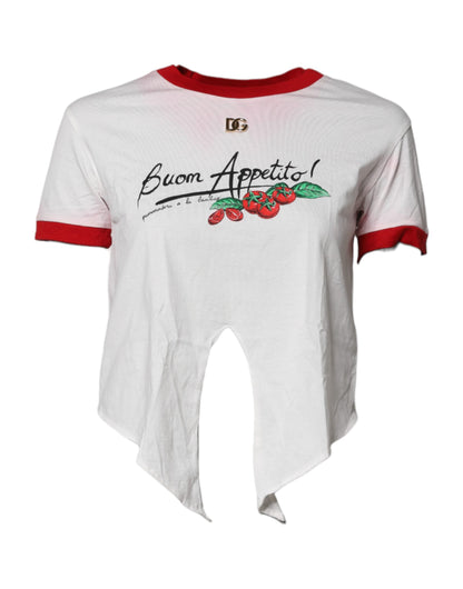 Dolce & Gabbana White Printed Round Neck Cropped Top T-shirt