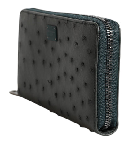 Dolce & Gabbana Green Ostrich Logo Plaque Zip Around Continental Wallet