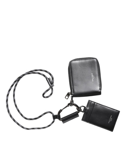 Dolce & Gabbana Black Leather Lanyard Zip Around Card Holder Wallet