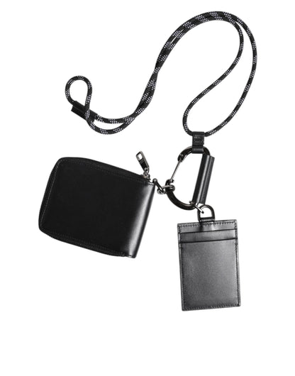 Dolce & Gabbana Black Leather Lanyard Zip Around Card Holder Wallet