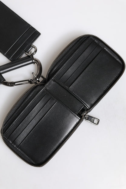 Dolce & Gabbana Black Leather Lanyard Zip Around Card Holder Wallet