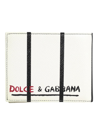 Dolce & Gabbana White Leather DG Crown Royals Bifold Card Holder Wallet