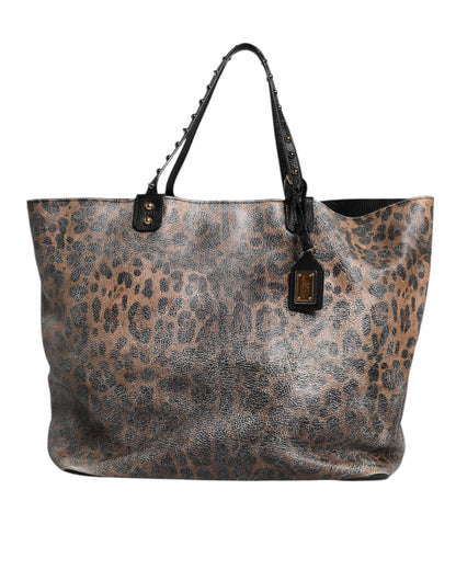 Dolce & Gabbana Brown Leopard BEATRICE Leather Logo Plaque Tote Bag