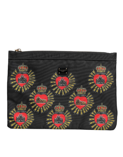 Dolce & Gabbana Black Red Nylon Sacred Heart Clutch Pouch Bag