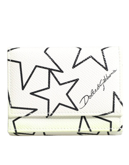Dolce & Gabbana White Leather Trifold DG Star Print Card Holder Wallet