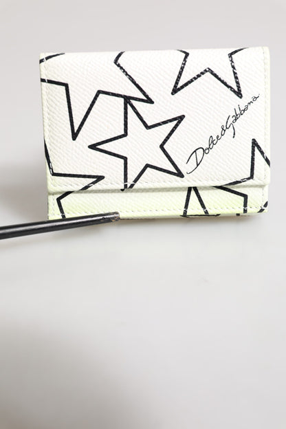 Dolce & Gabbana White Leather Trifold DG Star Print Card Holder Wallet