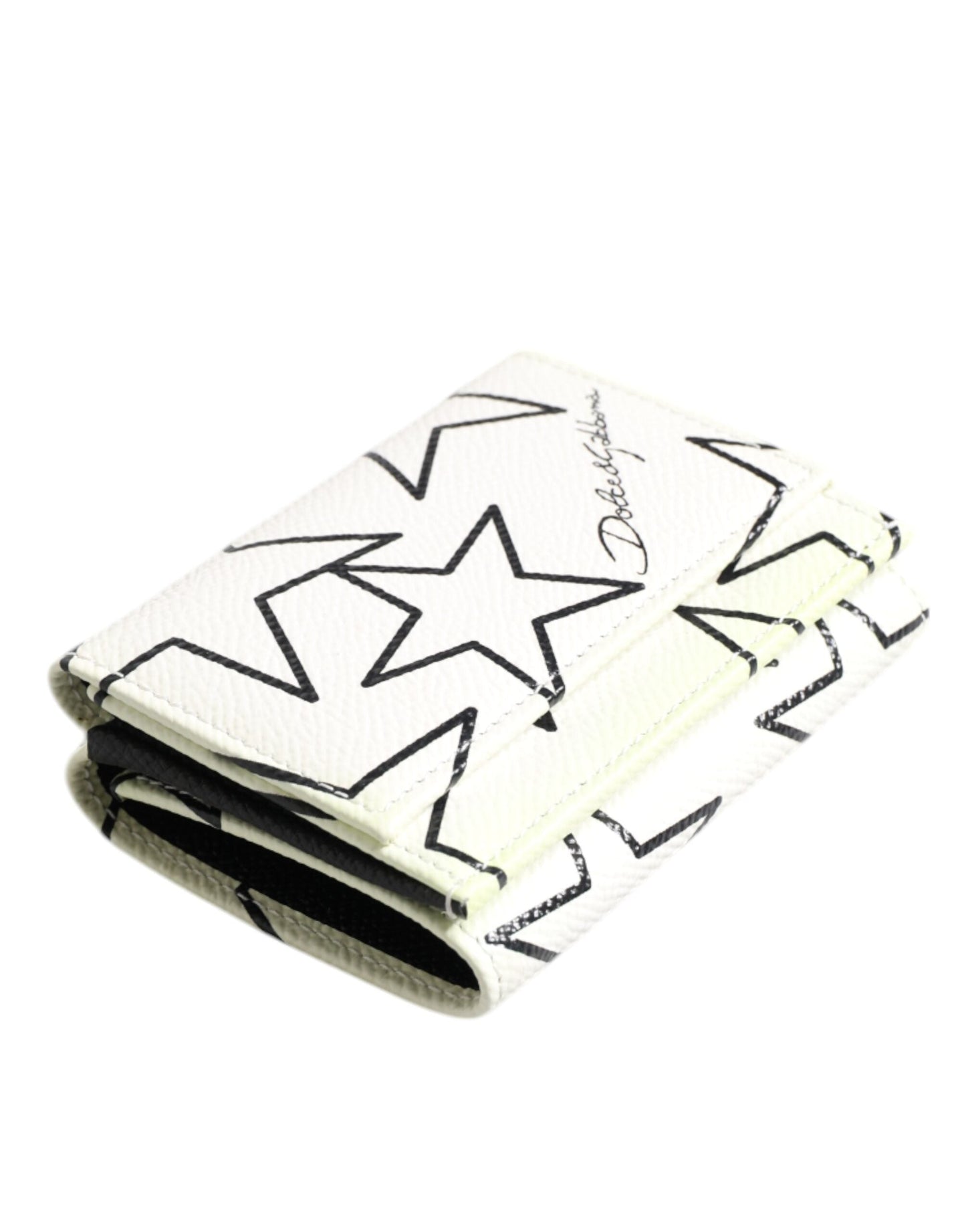 Dolce & Gabbana White Leather Trifold DG Star Print Card Holder Wallet