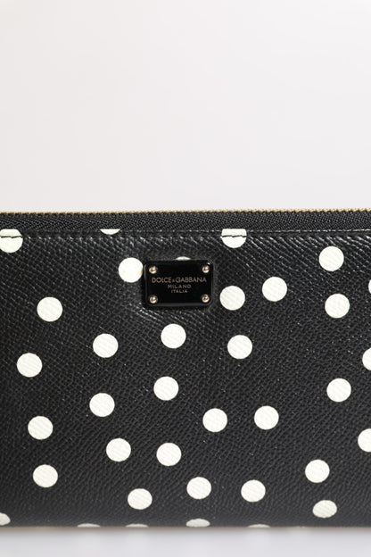 Dolce & Gabbana Black White Dotted Leather Zip Around Continental Wallet
