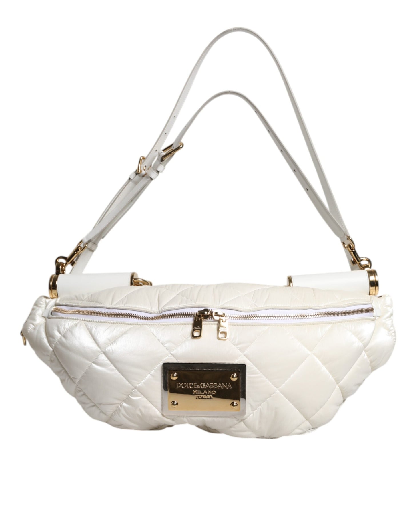 Dolce & Gabbana White Quilted Logo Plaque Belt Waist Fanny Pack Bag