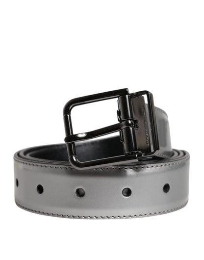 Dolce & Gabbana Silver Leather Classic Metal Logo Buckle Belt