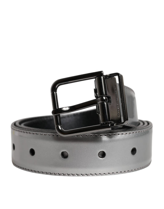 Dolce & Gabbana Silver Leather Classic Metal Logo Buckle Belt