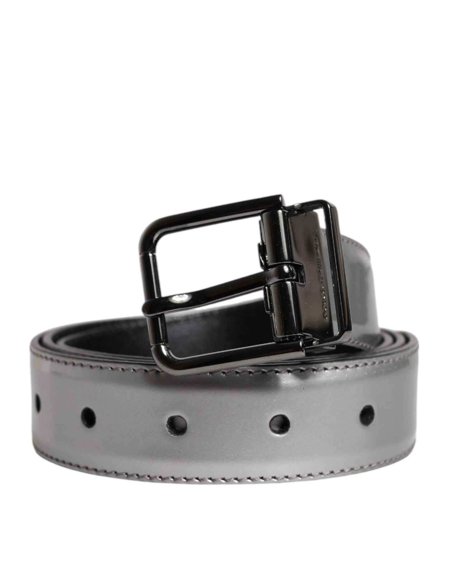 Dolce & Gabbana Silver Leather Classic Metal Logo Buckle Belt