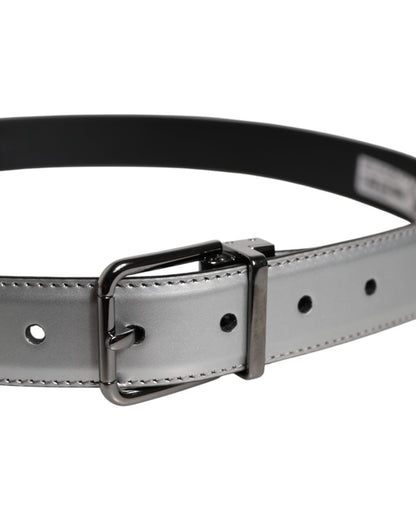 Dolce & Gabbana Silver Leather Classic Metal Logo Buckle Belt