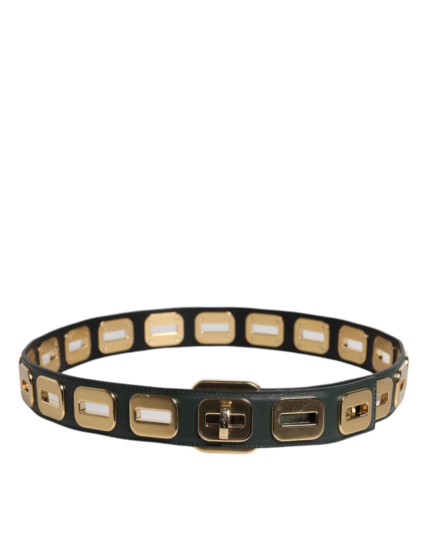 Dolce & Gabbana Green Leather Gold Tone Rotating Buckle Belt