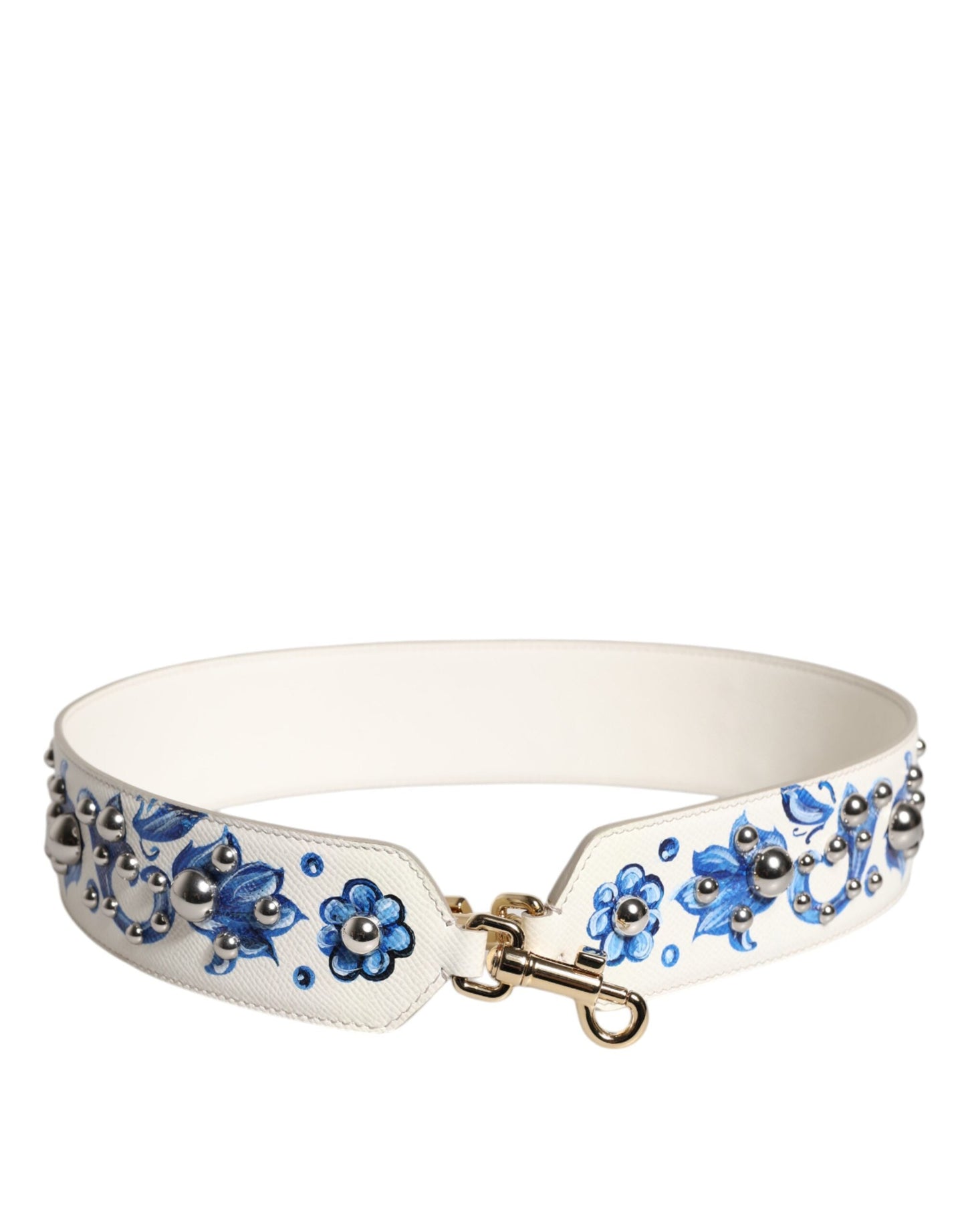 Dolce & Gabbana White Blue Floral Leather Stud Shoulder Strap