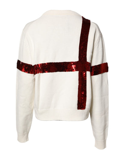 Dolce & Gabbana White Sequined Crew Neck Pullover Sweater