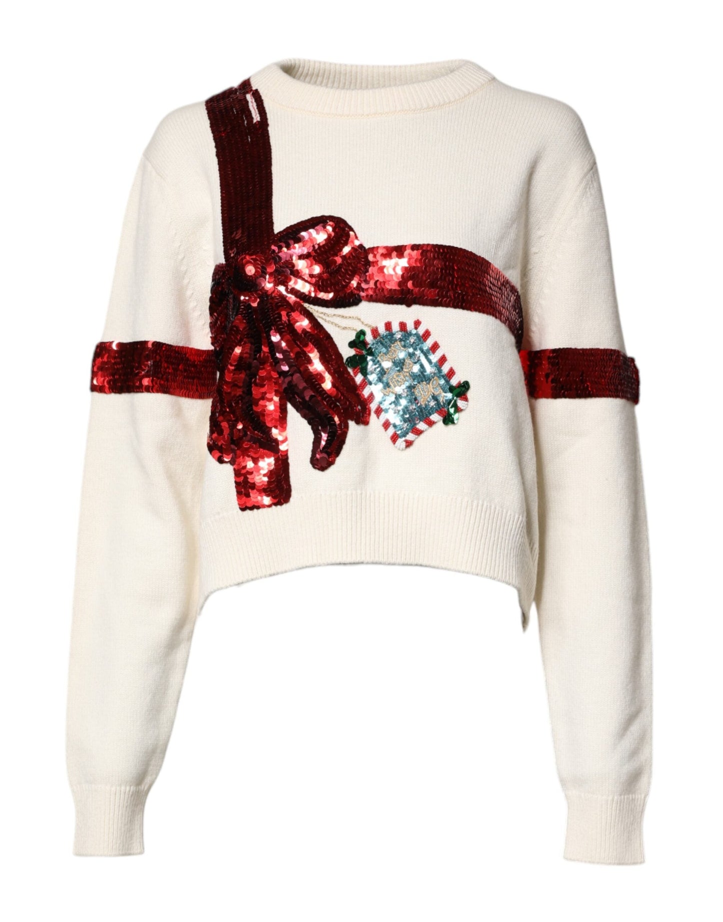 Dolce & Gabbana White Sequined Crew Neck Pullover Sweater