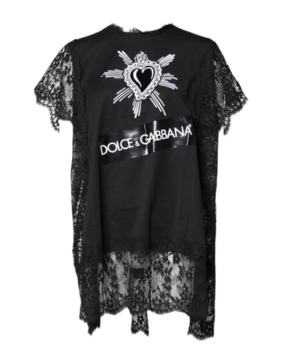 Dolce & Gabbana Black Lace Sheer Sacred Heart Crew Neck Top