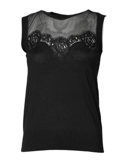 Dolce & Gabbana Black Lace Sheer Crew Neck Sleeveless Top