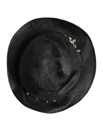 Dolce & Gabbana Black Straw Crystal Embellished Wide Brim Hat