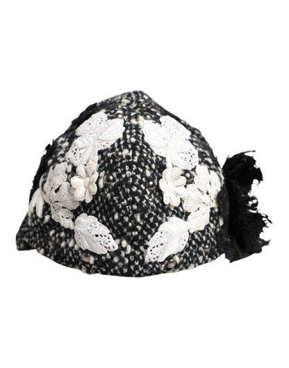 Dolce & Gabbana Black Wool White Floral Embellished Cloche Hat