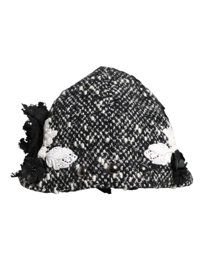 Dolce & Gabbana Black Wool White Floral Embellished Cloche Hat