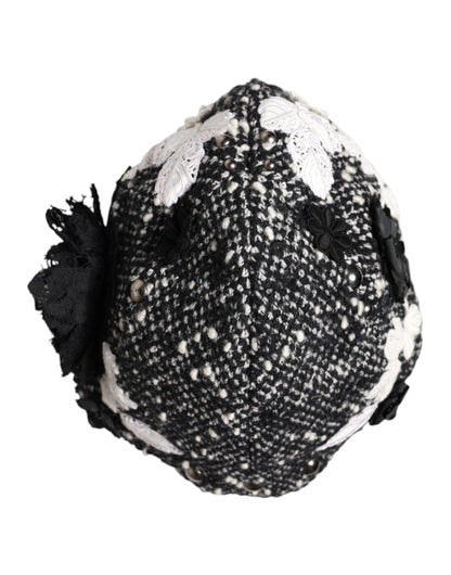 Dolce & Gabbana Black Wool White Floral Embellished Cloche Hat