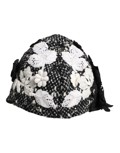 Dolce & Gabbana Black Wool White Floral Embellished Cloche Hat