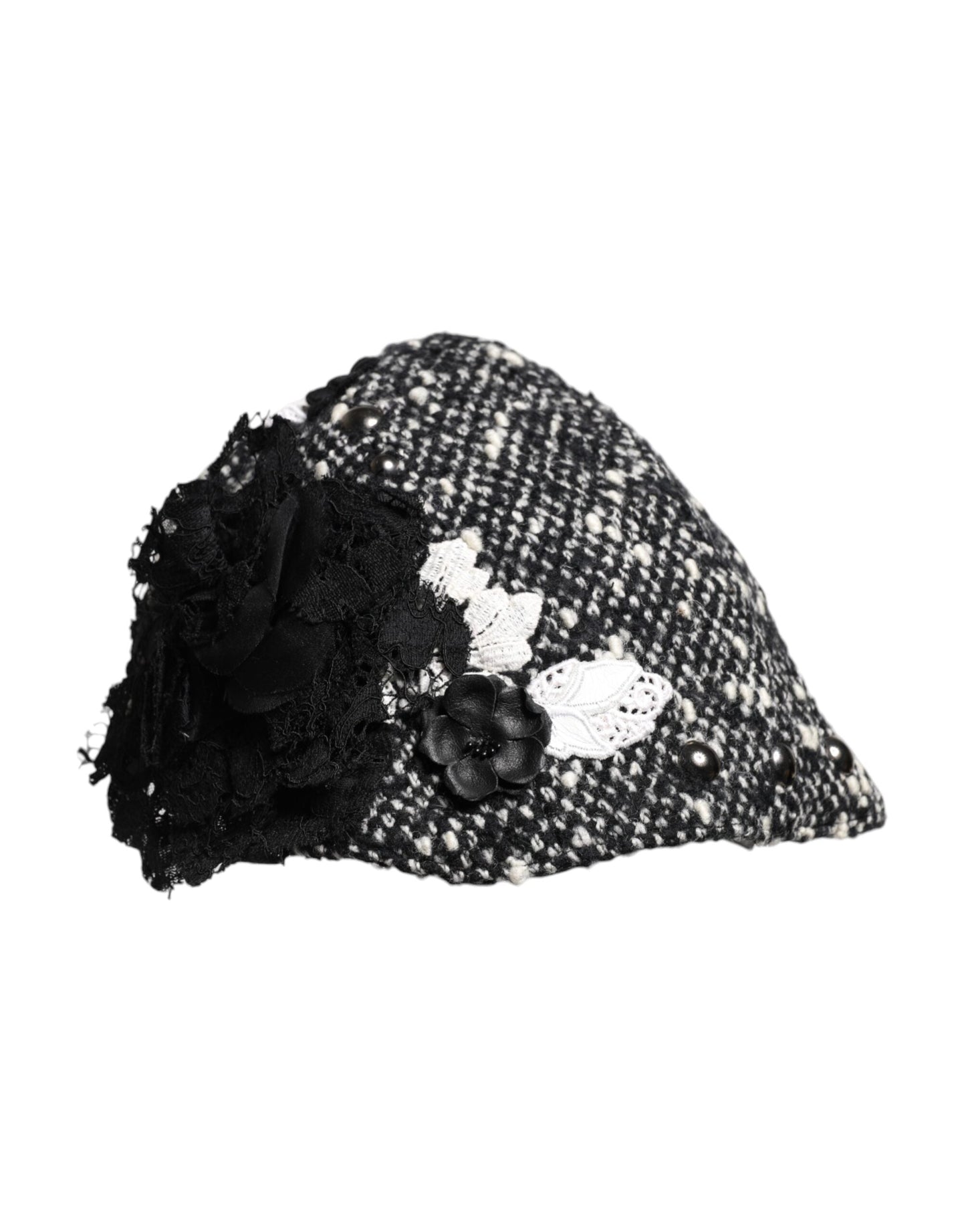Dolce & Gabbana Black Wool White Floral Embellished Cloche Hat