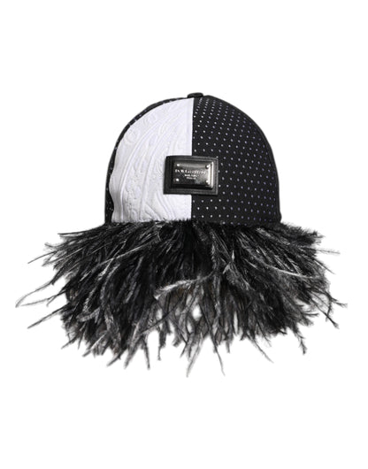 Dolce & Gabbana White Black Polka Dot Feathers Baseball Cap