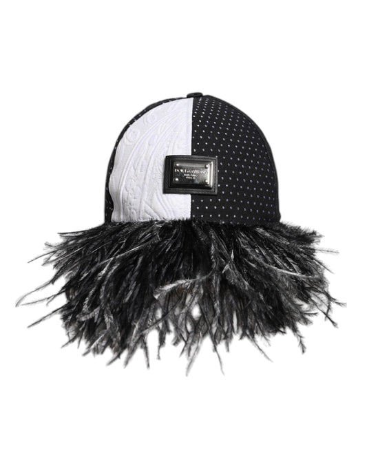 Dolce & Gabbana White Black Polka Dot Feathers Baseball Cap