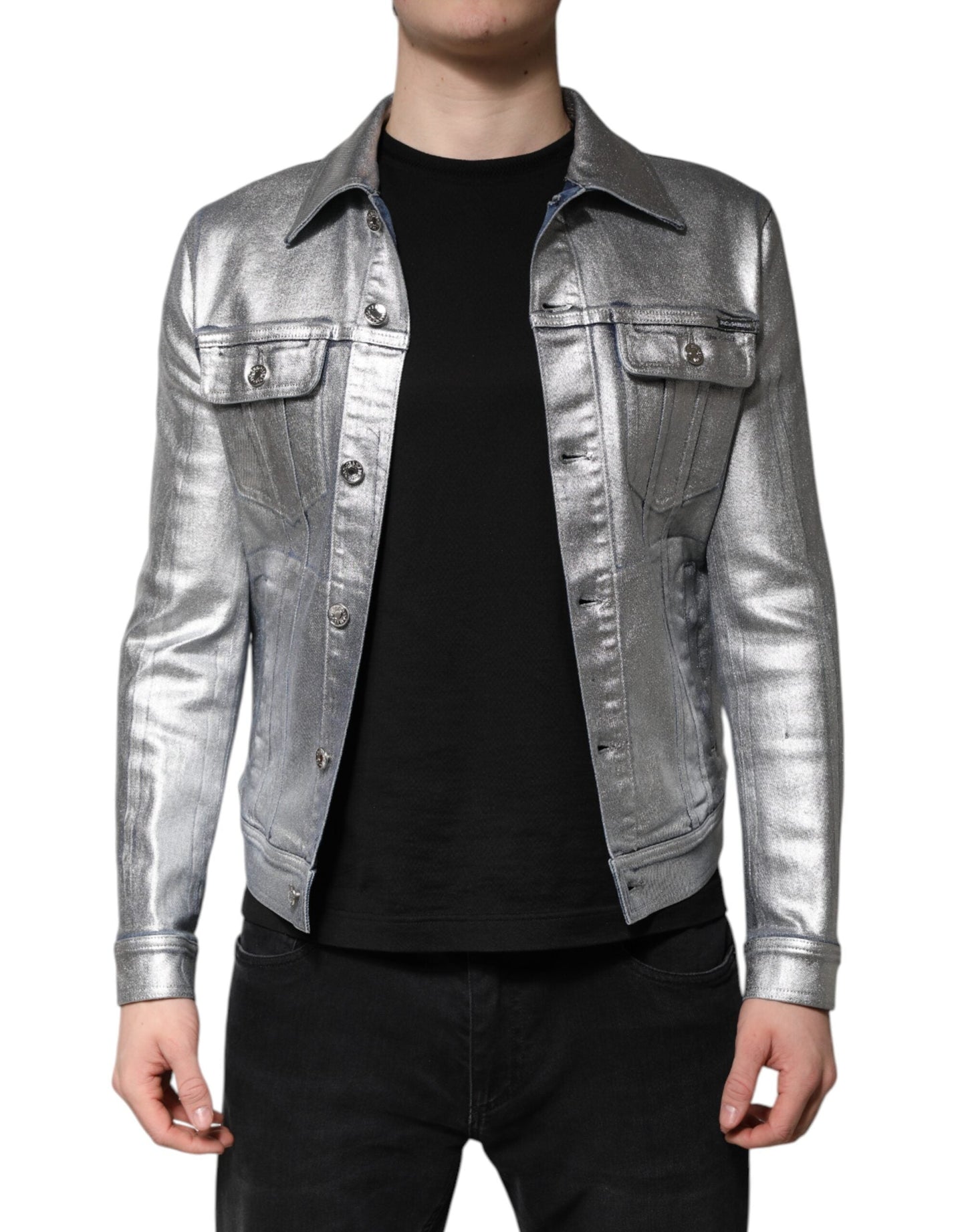 Dolce & Gabbana Silver Cotton Button Down Denim Biker Jacket