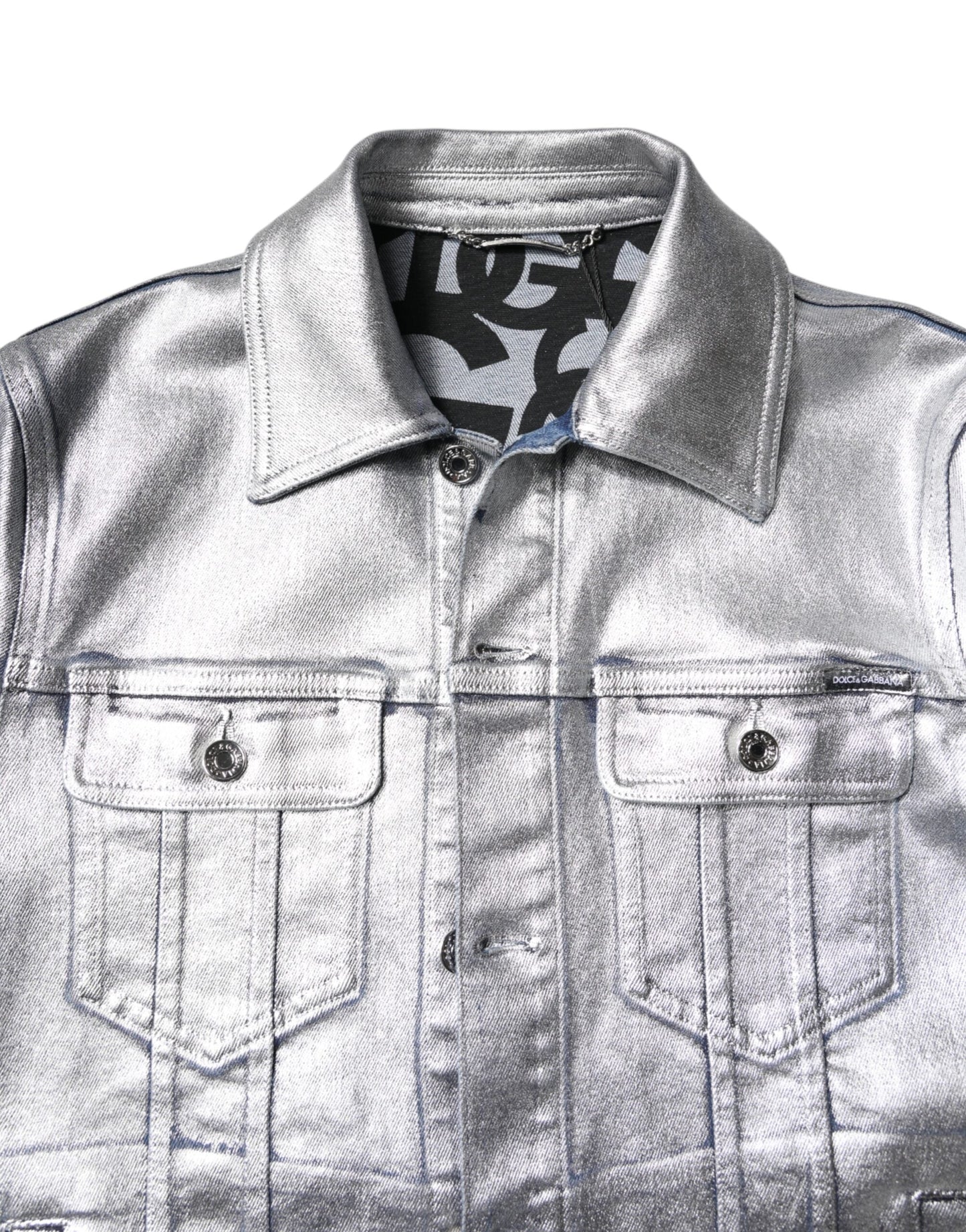 Dolce & Gabbana Silver Cotton Button Down Denim Biker Jacket