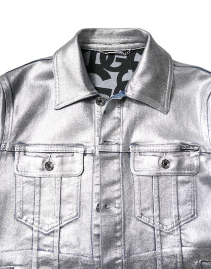 Dolce & Gabbana Silver Cotton Button Down Denim Biker Jacket