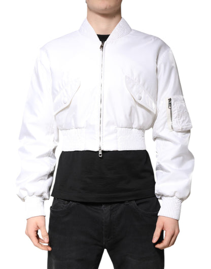 Dolce & Gabbana White Nylon Full Zip Cropped Bomber Jacket