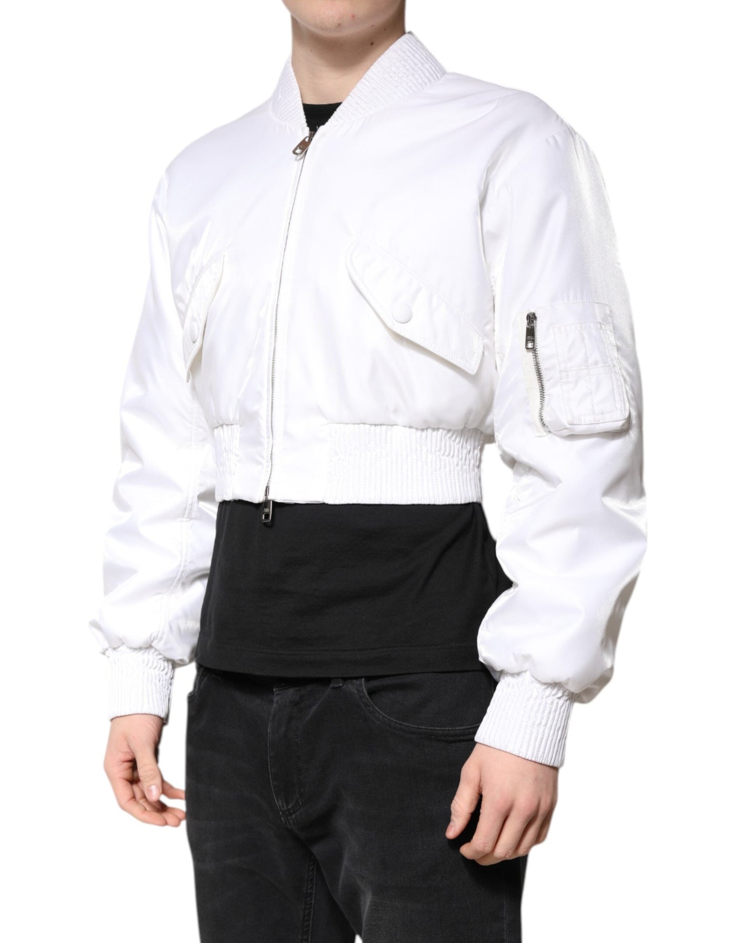 Dolce & Gabbana White Nylon Full Zip Cropped Bomber Jacket