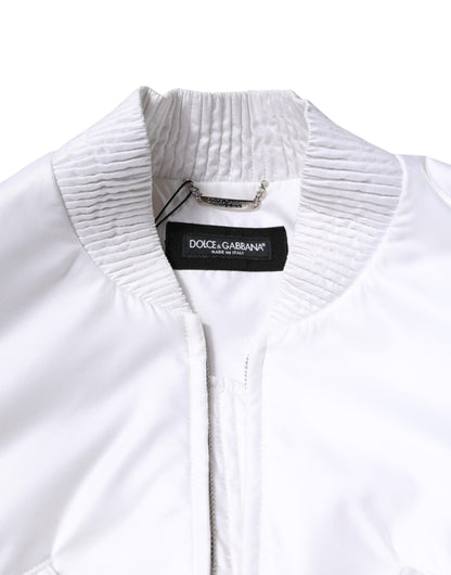 Dolce & Gabbana White Nylon Full Zip Cropped Bomber Jacket