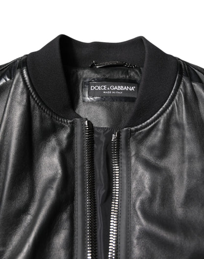 Dolce & Gabbana Black Lambskin Leather Biker Full Zip Jacket